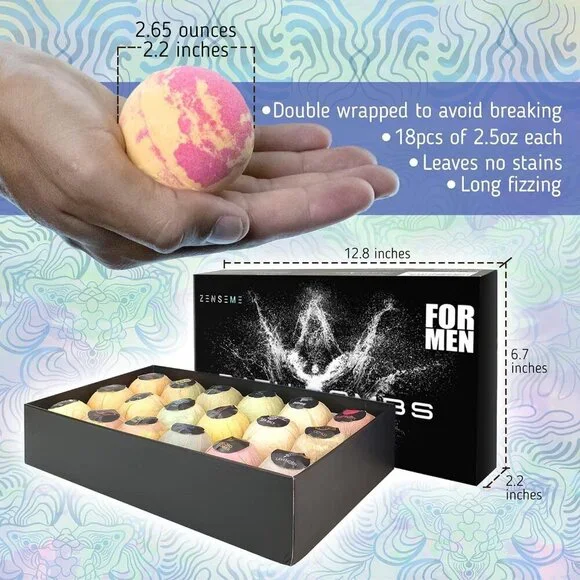 Bath Bombs for Men, Gift Set of 18 Scented Organic Handmade Bath Bombs of 2.5 oz